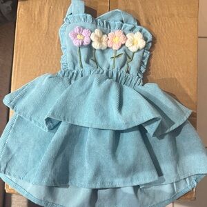 Blue Ruffled Dress with Floral Embroidery
